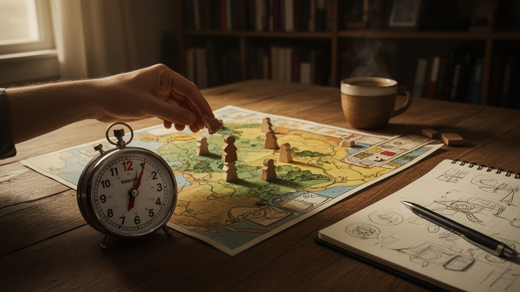 A solo board game prototype on a wooden table with a timer showing 15 minutes, illustrating the 15-minute rule for game design