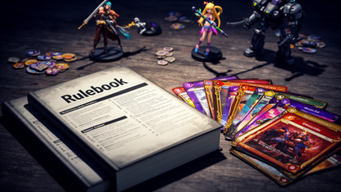 Colorful anime board game miniatures arranged on a strategy game board with cards and tokens