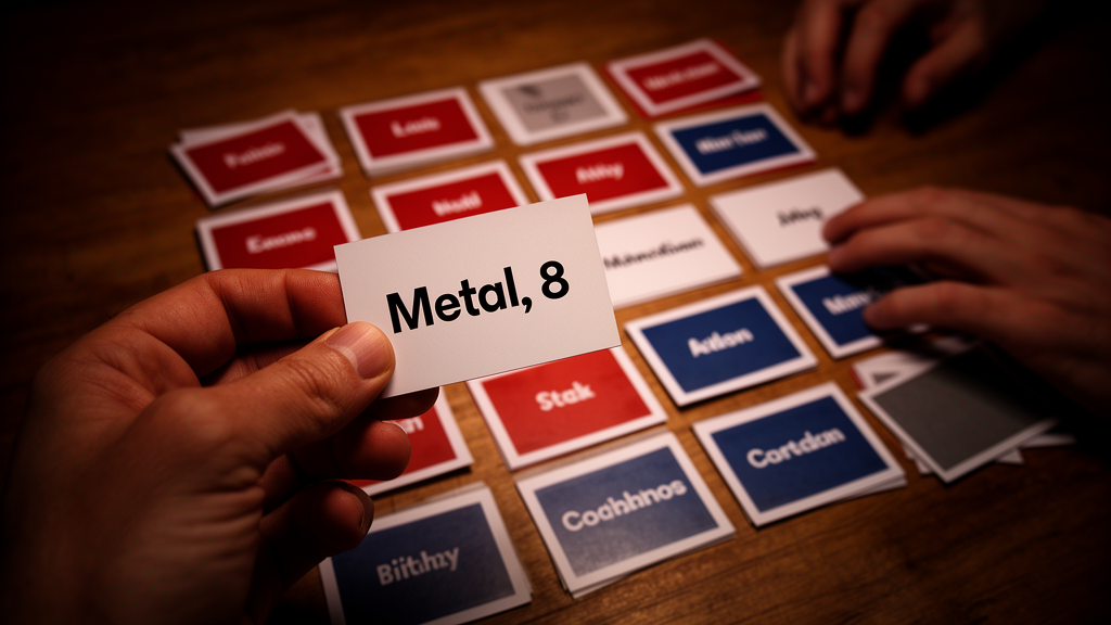 A Codenames game board showing a grid of words with a clue card and red and blue cards