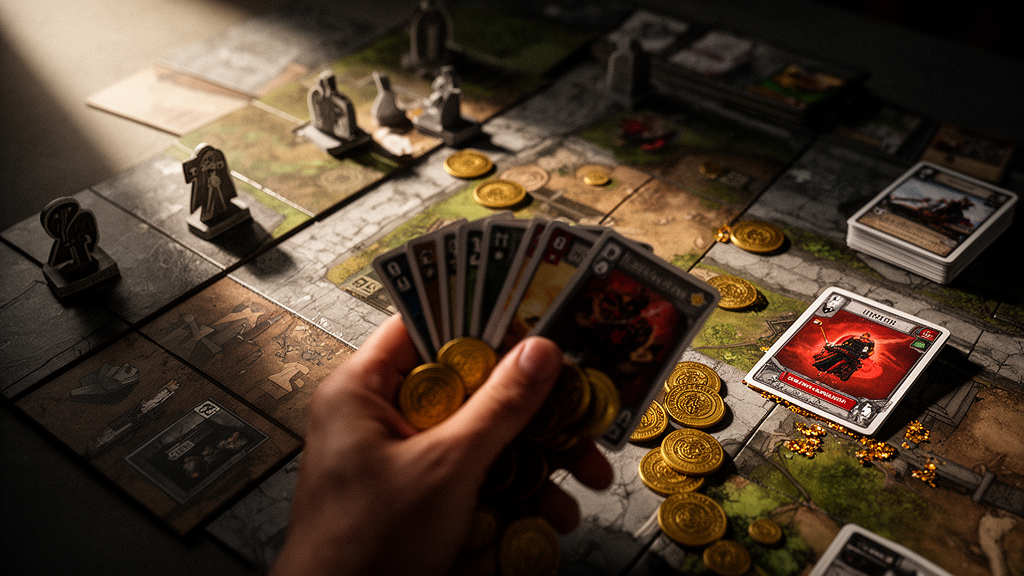 Expeditions solo campaign board setup with gold tokens and action cards