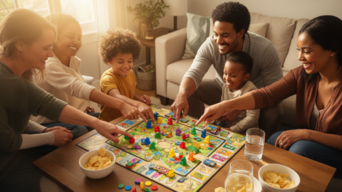 Family playing cooperative board game together on living room floor