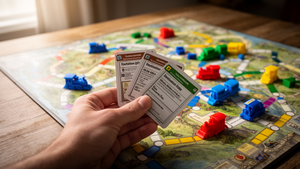Ticket to ride board game with colorful plastic trains and destination tickets spread across the map