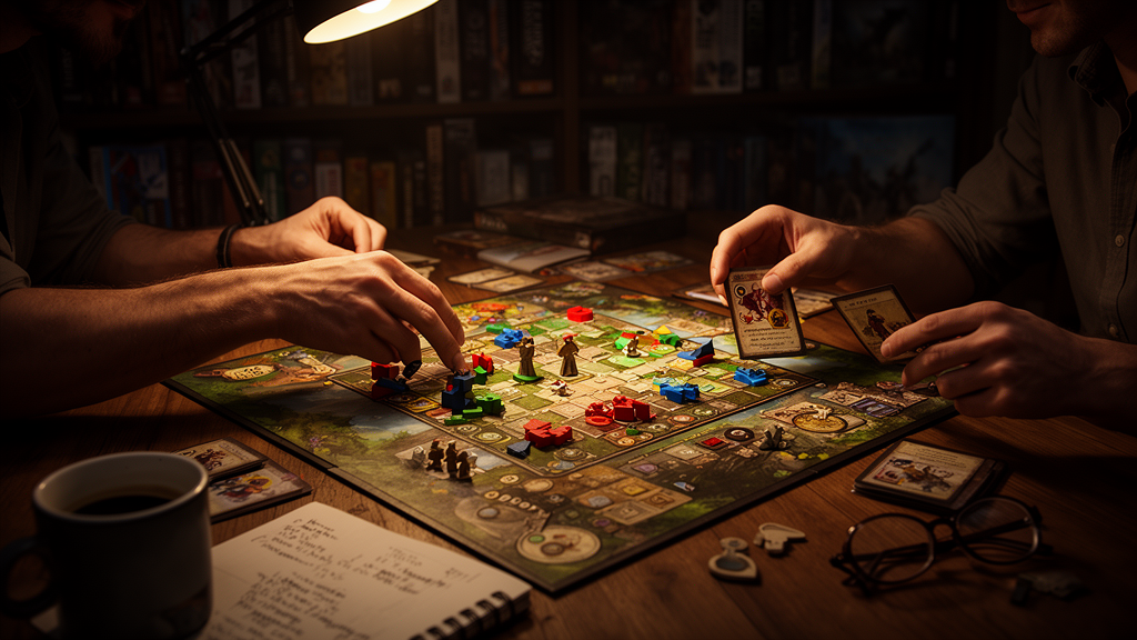 Two players focused on a complex board game with shared failure dynamics